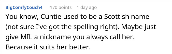 Text comment discussing renaming MIL with a nickname, humorously referencing Scottish names. Text comment discussing renaming MIL with a nickname, humorously referencing Scottish names.