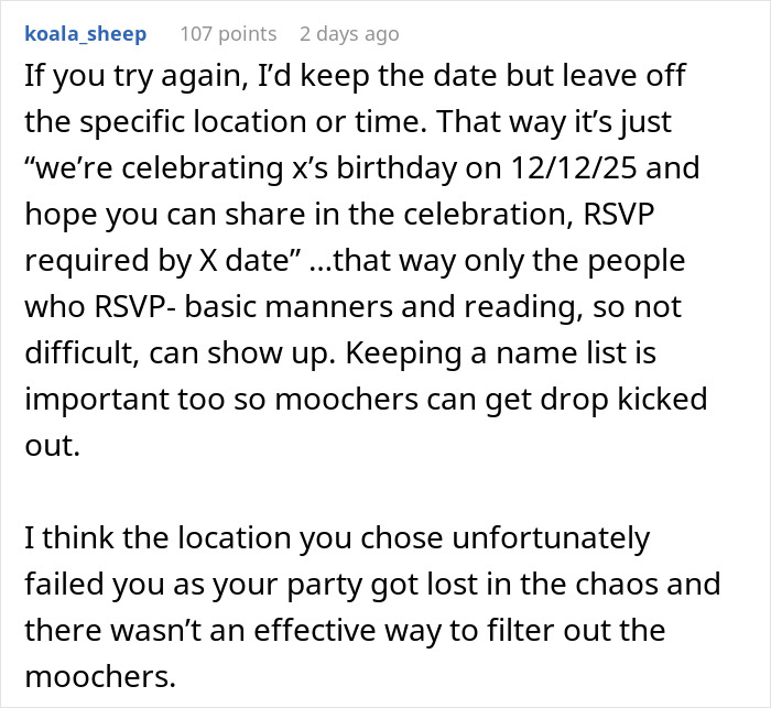 Text suggests party planning tips for non-RSVP guests scenario. Text suggests party planning tips for non-RSVP guests scenario.