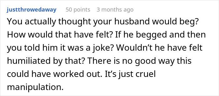 Reddit comment discussing a husband's reaction to a cruel joke about divorce. Reddit comment discussing a husband's reaction to a cruel joke about divorce.