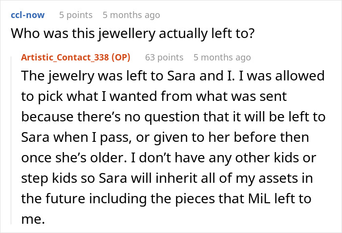 Discussion on inheritance of jewelry between partner's stepdaughter and her mother. Discussion on inheritance of jewelry between partner's stepdaughter and her mother.