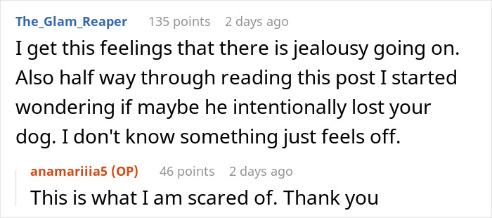 Reddit comments discussing suspicion about a lost dog involving jealousy and fear. Reddit comments discussing suspicion about a lost dog involving jealousy and fear.
