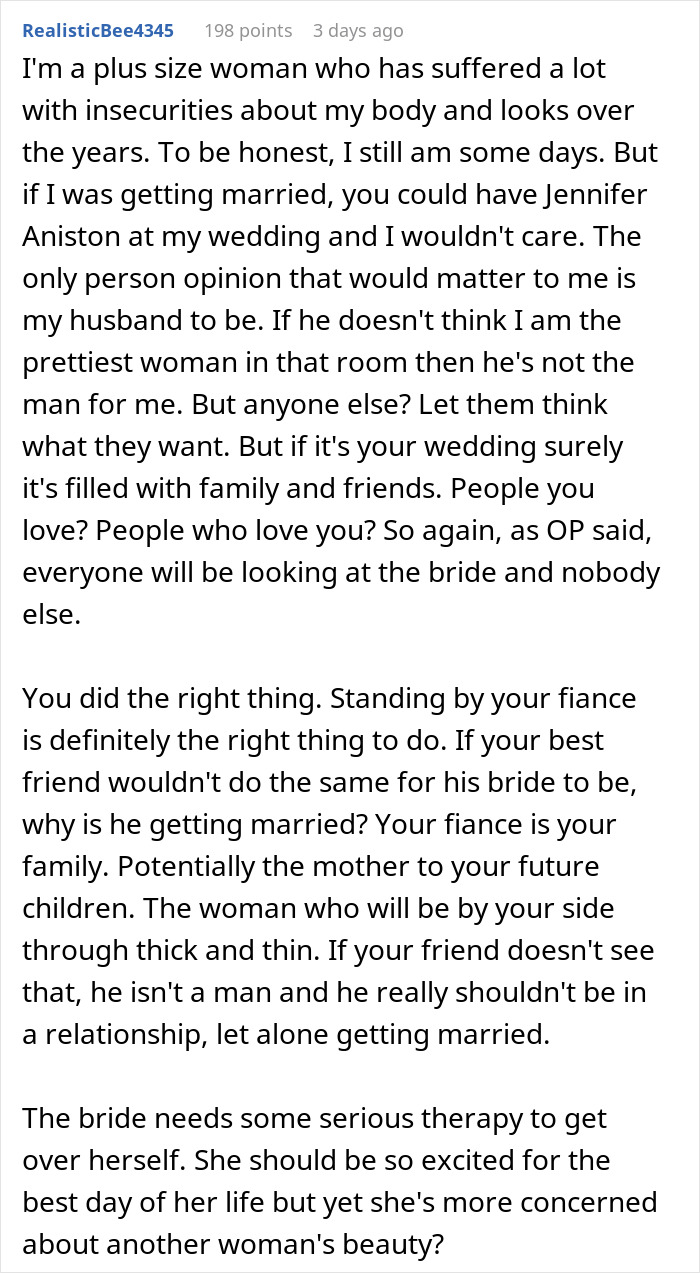 Screenshot of a Reddit comment discussing insecurities about attractiveness and opinions on wedding dynamics. Screenshot of a Reddit comment discussing insecurities about attractiveness and opinions on wedding dynamics.