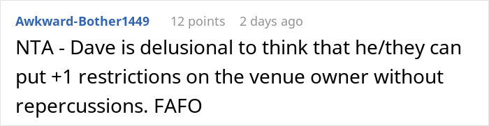Reddit comment criticizing a backyard wedding plan due to plus-one denial. Reddit comment criticizing a backyard wedding plan due to plus-one denial.