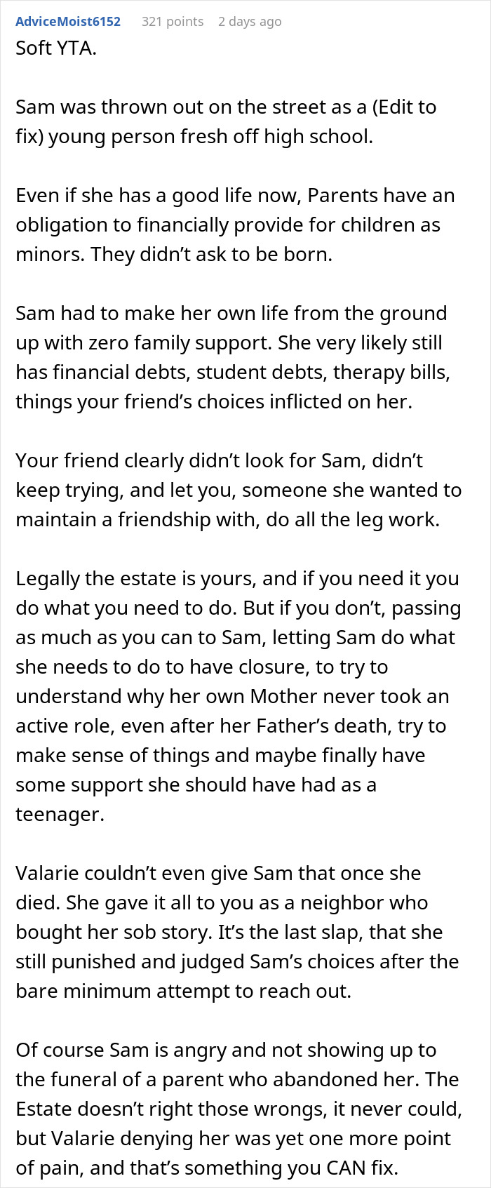 Reddit comment discussing inheritance received from a friend and its potential moral implications. Reddit comment discussing inheritance received from a friend and its potential moral implications.