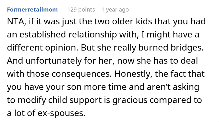 Reddit comment discussing a man refusing to babysit his ex's kids after her infidelity. Reddit comment discussing a man refusing to babysit his ex's kids after her infidelity.