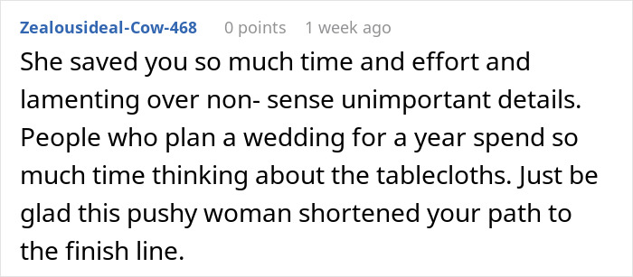 Comment discussing MIL choosing wedding date for a couple, expressing relief over avoiding planning details. Comment discussing MIL choosing wedding date for a couple, expressing relief over avoiding planning details.
