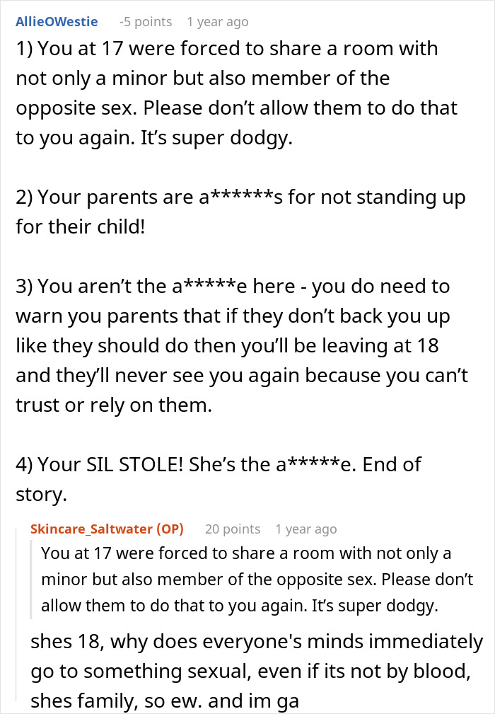 Reddit comments discussing teen's issue with SIL using expensive skincare without permission. Reddit comments discussing teen's issue with SIL using expensive skincare without permission.