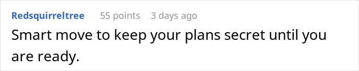 Reddit comment on marriage advice discussing secret plans and timing. Reddit comment on marriage advice discussing secret plans and timing.