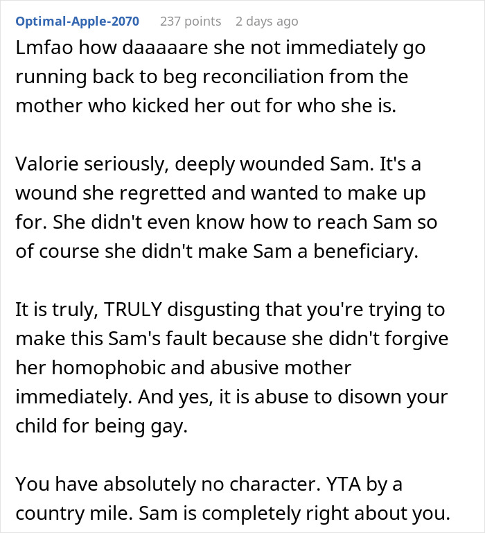 Reddit comment discussing inheritance, homophobia, and abuse, emphasizing emotional impact and moral judgment. Reddit comment discussing inheritance, homophobia, and abuse, emphasizing emotional impact and moral judgment.