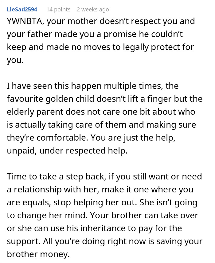 Text criticizing unequal inheritance, suggesting woman's mother favors brother financially. Text criticizing unequal inheritance, suggesting woman's mother favors brother financially.