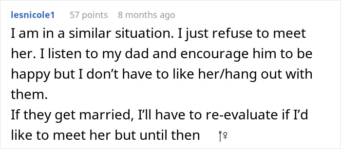 Reddit user comments on being weirded out by dad dating a younger girlfriend, seeks advice. Reddit user comments on being weirded out by dad dating a younger girlfriend, seeks advice.