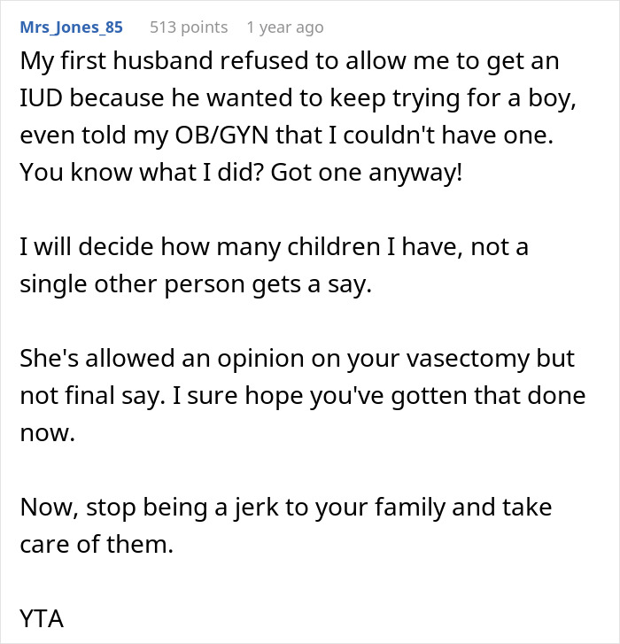 Screenshot of a social media comment discussing vasectomy opinions and family responsibilities. Screenshot of a social media comment discussing vasectomy opinions and family responsibilities.