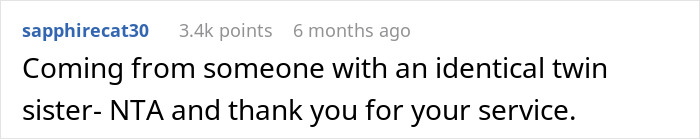 Comment supporting woman dressing twins differently, with 3.4k points. Comment supporting woman dressing twins differently, with 3.4k points.