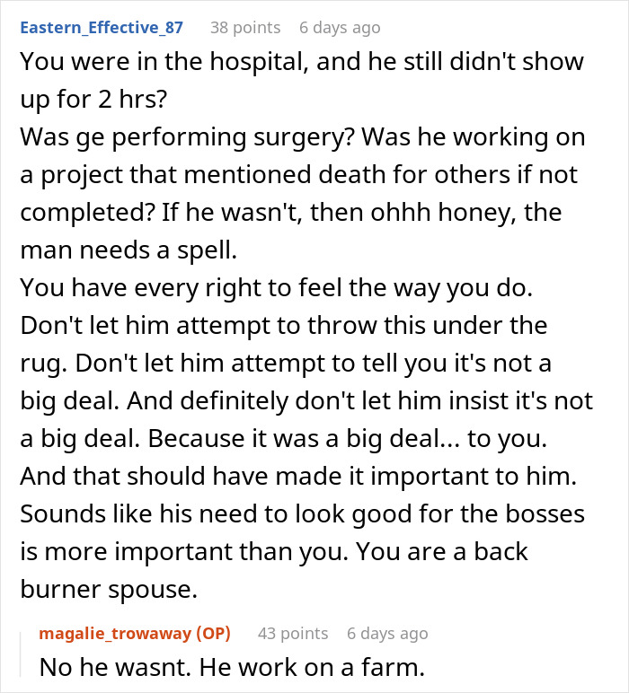 Reddit comment discussing husband not rushing home after wife's SOS call during hospital visit. Reddit comment discussing husband not rushing home after wife's SOS call during hospital visit.