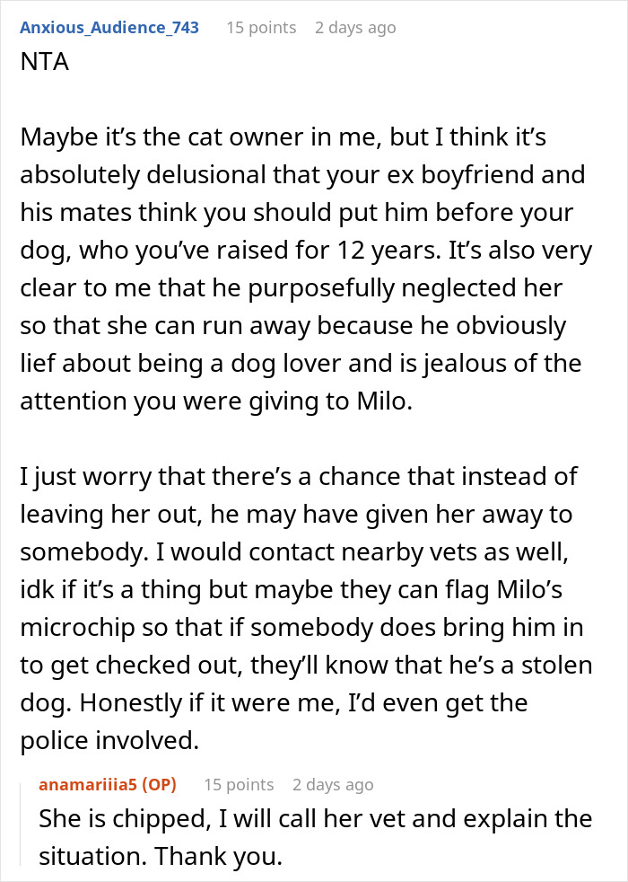 Reddit thread discussing a woman's lost dog after a trip nightmare, featuring advice and support comments. Reddit thread discussing a woman's lost dog after a trip nightmare, featuring advice and support comments.