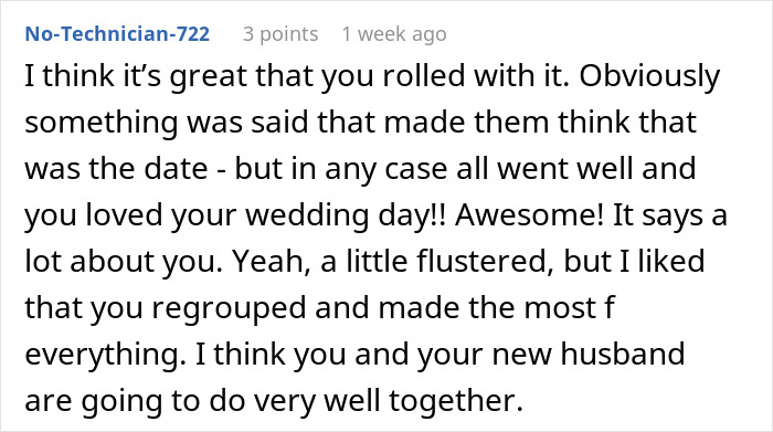Reddit comment praising couple for adapting well to MIL's chosen wedding date. Reddit comment praising couple for adapting well to MIL's chosen wedding date.