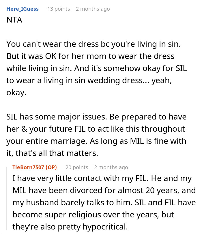 Reddit comments discussing family issues related to a wedding dress, featuring a pregnant bride, MIL, and SIL conflict. Reddit comments discussing family issues related to a wedding dress, featuring a pregnant bride, MIL, and SIL conflict.