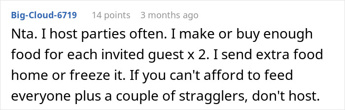 Reddit comment discussing party hosting etiquette and leftover food handling. Reddit comment discussing party hosting etiquette and leftover food handling.