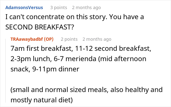 Reddit comments about meal routines, discussing the concept of a second breakfast. Reddit comments about meal routines, discussing the concept of a second breakfast.