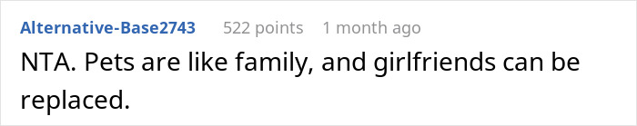 Reddit comment saying "Pets are like family, and girlfriends can be replaced," discussing viewpoints on untrainable dogs. Reddit comment saying "Pets are like family, and girlfriends can be replaced," discussing viewpoints on untrainable dogs.