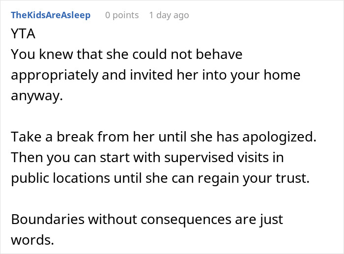 Reddit comment discussing consequences for MIL renaming grandson, advising taking a break until apology. Reddit comment discussing consequences for MIL renaming grandson, advising taking a break until apology.