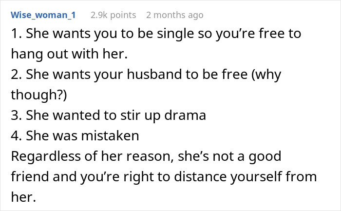 Text comments discussing reasons a friend might sabotage a marriage with a lie. Text comments discussing reasons a friend might sabotage a marriage with a lie.