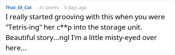 Reddit comment about a person stacking items in storage, expressing emotional impact of the story. Reddit comment about a person stacking items in storage, expressing emotional impact of the story.
