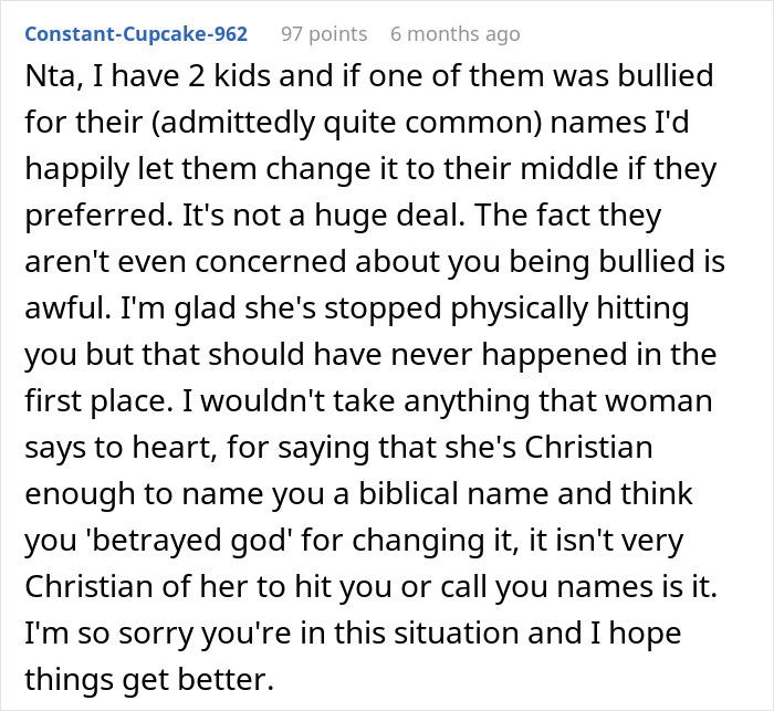 Online comment discussing being named from the Bible and related challenges. Online comment discussing being named from the Bible and related challenges.