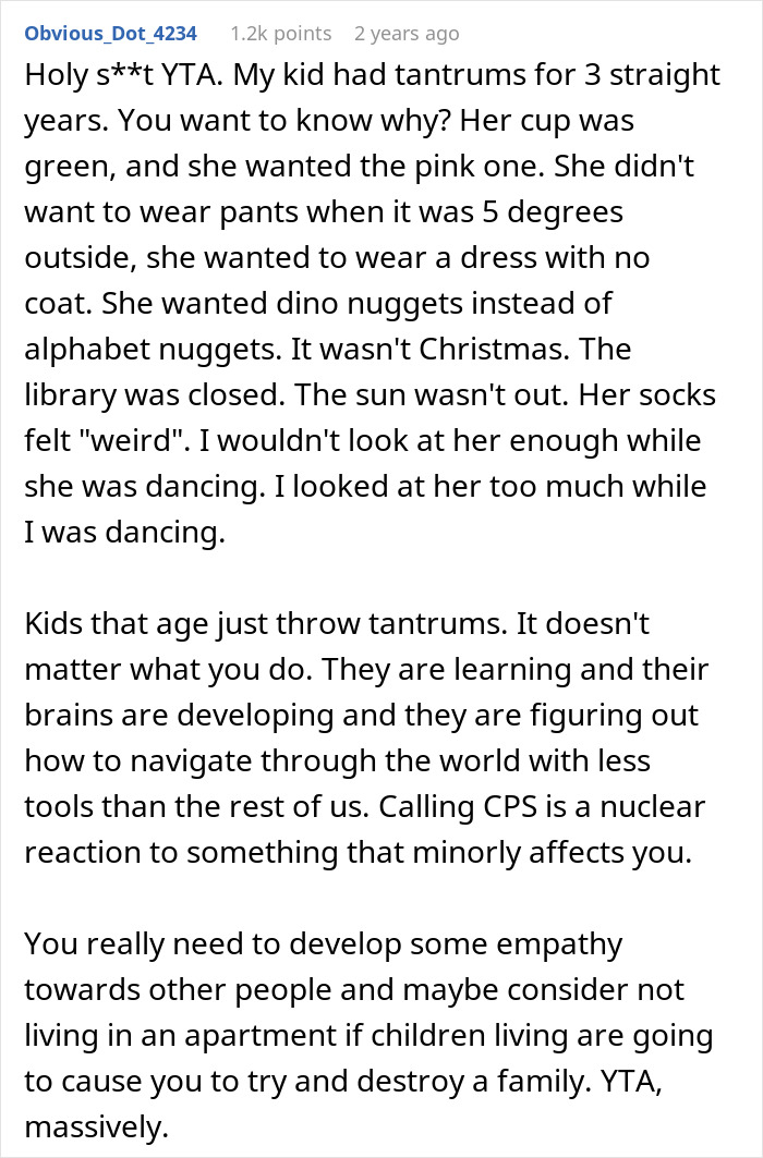 Reddit comment criticizing a woman for calling CPS over a toddler's tantrums. Reddit comment criticizing a woman for calling CPS over a toddler's tantrums.