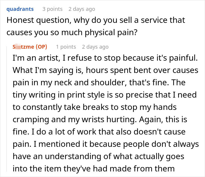 Reddit conversation about an artist discussing physical pain from working long hours. Reddit conversation about an artist discussing physical pain from working long hours.