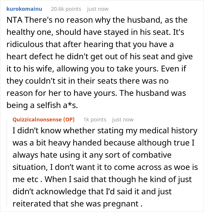 Reddit comments discussing a man asking a stranger to give up a prepaid train seat for his pregnant wife while he stays seated. Reddit comments discussing a man asking a stranger to give up a prepaid train seat for his pregnant wife while he stays seated.