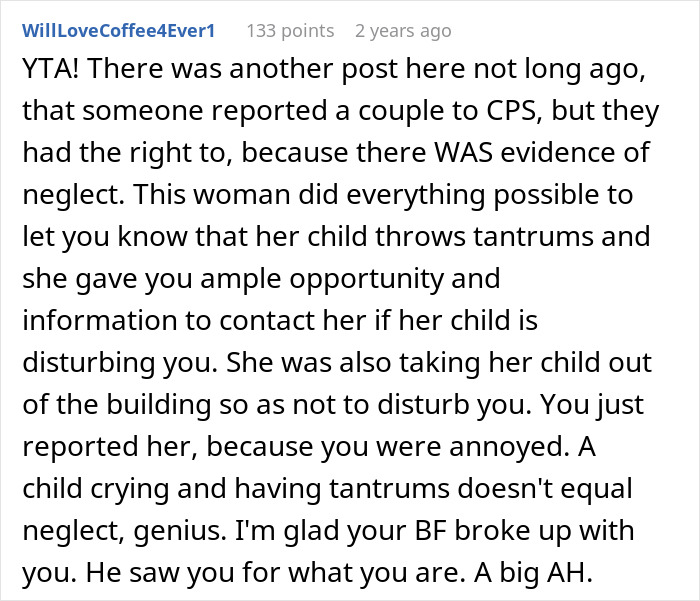 Comment criticizes a woman for calling CPS on a mom over toddler tantrums, labeling the action as unjustified neglect. Comment criticizes a woman for calling CPS on a mom over toddler tantrums, labeling the action as unjustified neglect.