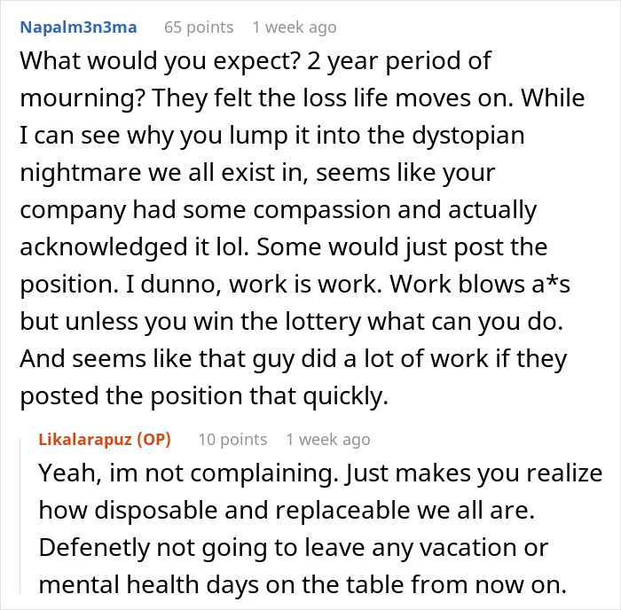 Discussion on job replacement after a coworker died, highlighting workplace dynamics and emotional impact. Discussion on job replacement after a coworker died, highlighting workplace dynamics and emotional impact.