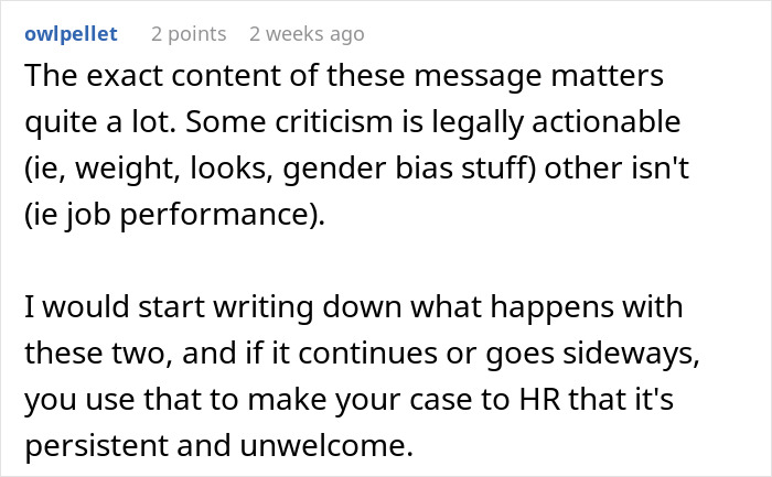 Text conversation discussing manager criticism and HR action steps for unwelcome comments. Text conversation discussing manager criticism and HR action steps for unwelcome comments.
