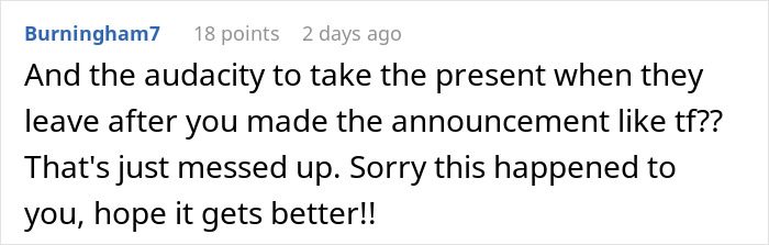 Comment discussing a parent's experience with guests taking presents from a party. Comment discussing a parent's experience with guests taking presents from a party.