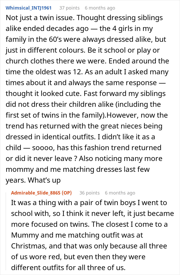 Discussion about dressing twins differently, highlighting varying opinions and experiences on matching outfits. Discussion about dressing twins differently, highlighting varying opinions and experiences on matching outfits.