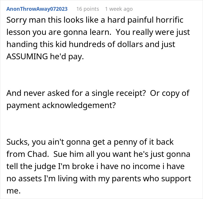 Reddit comment criticizing lack of receipt when roommate steals rent money, with advice on suing. Reddit comment criticizing lack of receipt when roommate steals rent money, with advice on suing.