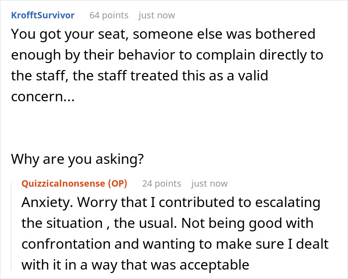 Reddit comments discussing anxiety and confrontation over a prepaid train seat issue. Reddit comments discussing anxiety and confrontation over a prepaid train seat issue.