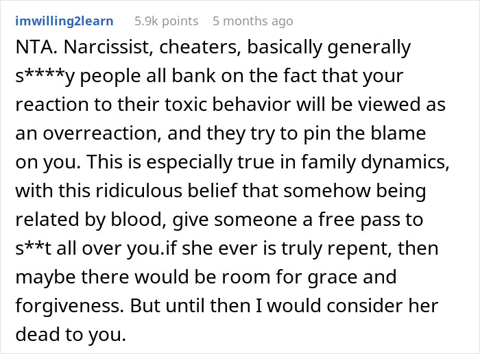 Reddit comment discussing toxic family dynamics related to a woman's attempt to call off sister's engagement. Reddit comment discussing toxic family dynamics related to a woman's attempt to call off sister's engagement.