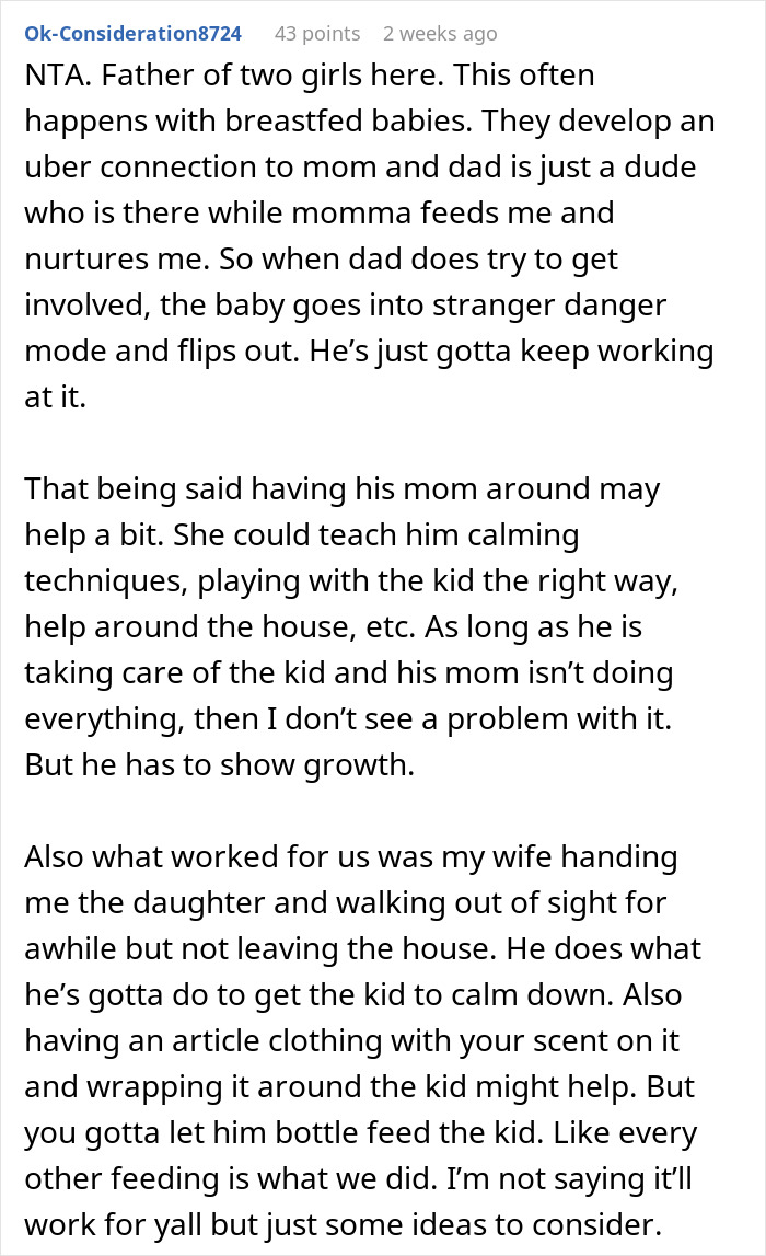 Text discussion about a husband learning to take care of his infant son without his wife coddling him. Text discussion about a husband learning to take care of his infant son without his wife coddling him.