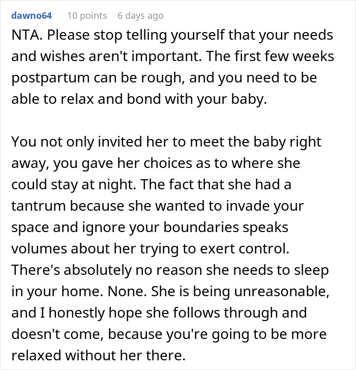 Text screenshot discussing MIL not allowed to sleep over post-birth, emphasizing respecting boundaries. Text screenshot discussing MIL not allowed to sleep over post-birth, emphasizing respecting boundaries.