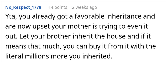 Reddit comment discussing a woman's inheritance concerns and her brother's share. Reddit comment discussing a woman's inheritance concerns and her brother's share.