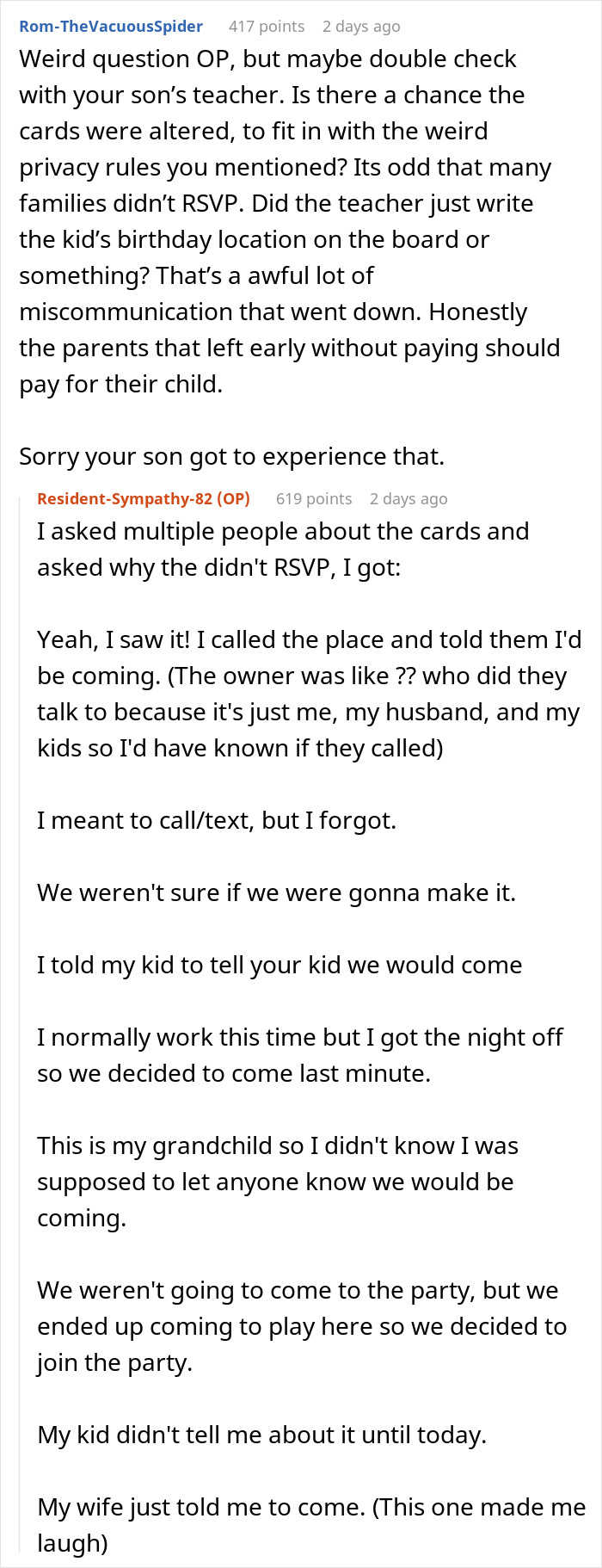 Text discussion about RSVPs for son's party; guests came with siblings, no presents. Text discussion about RSVPs for son's party; guests came with siblings, no presents.