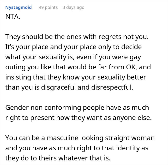 Comment discussing assumptions about a woman's sexuality based on appearance, emphasizing gender non-conformity. Comment discussing assumptions about a woman's sexuality based on appearance, emphasizing gender non-conformity.