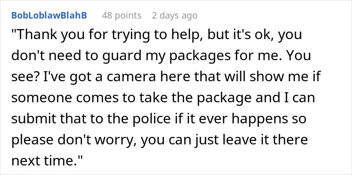 Text exchange about a neighbor being fed up with package handling issues in the neighborhood. Text exchange about a neighbor being fed up with package handling issues in the neighborhood.