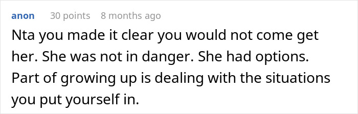 Text screenshot discussing parent's refusal to pick up anxious daughter from trip. Text screenshot discussing parent's refusal to pick up anxious daughter from trip.