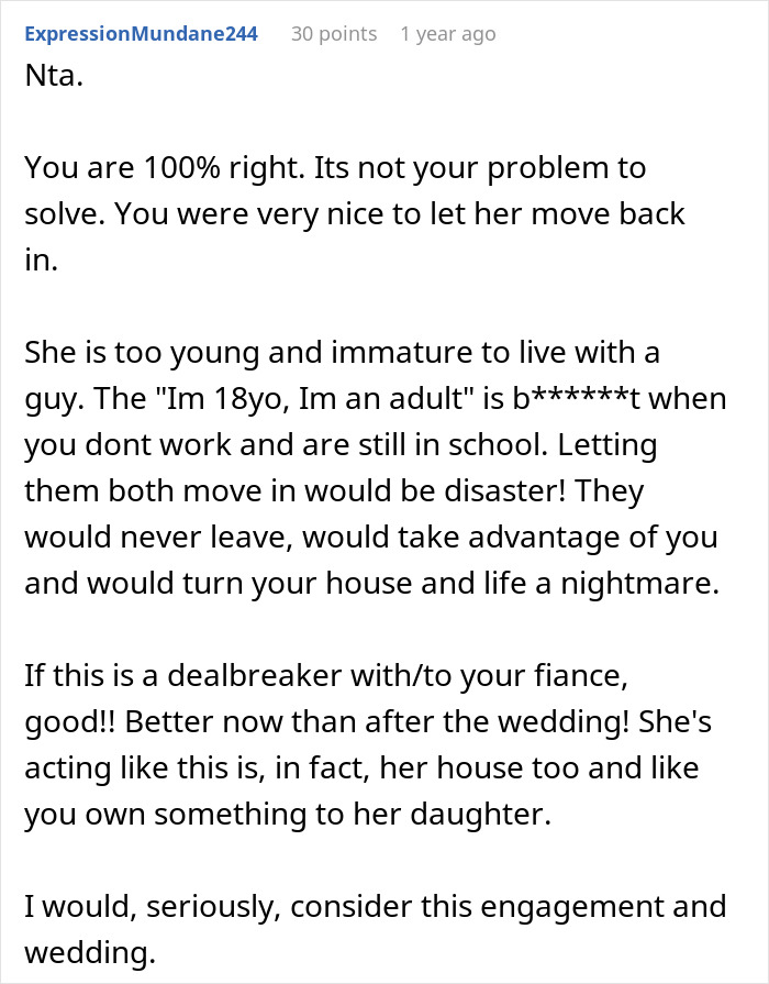 Reddit comment criticizing an 18-year-old for wanting to live with her boyfriend and asking her stepdad to take them in. Reddit comment criticizing an 18-year-old for wanting to live with her boyfriend and asking her stepdad to take them in.