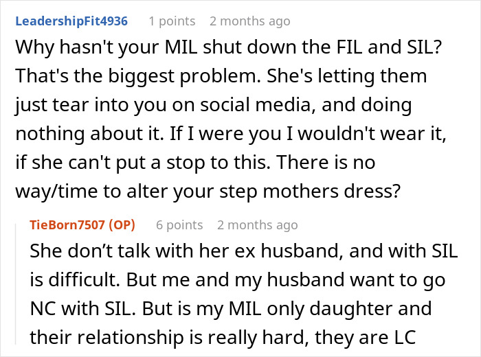 Reddit comment about pregnant bride's conflict over MIL's wedding dress with SIL. Reddit comment about pregnant bride's conflict over MIL's wedding dress with SIL.