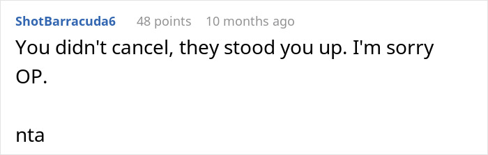 Reddit comment supporting a woman who canceled her birthday dinner after being stood up by friends and family. Reddit comment supporting a woman who canceled her birthday dinner after being stood up by friends and family.