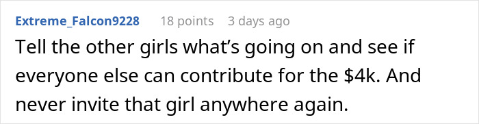 Comment discussing refusing to cover friend's vacation cost due to last-minute money issues. Comment discussing refusing to cover friend's vacation cost due to last-minute money issues.